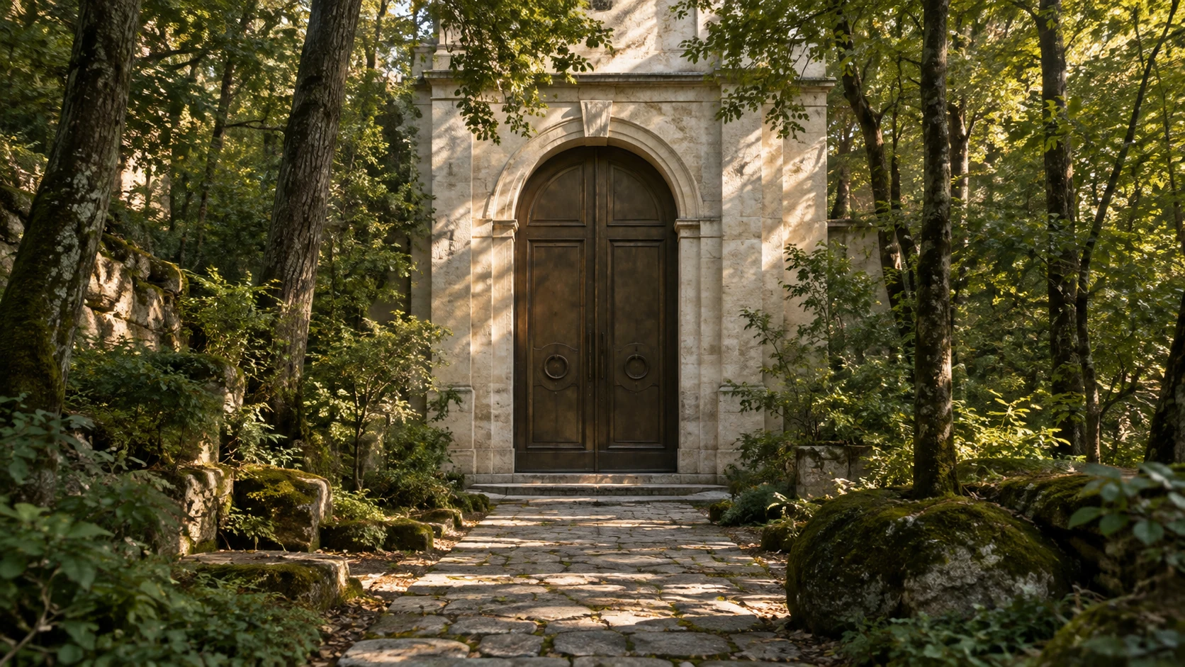 An imagined stone entrance with a tall wooden door in the forest