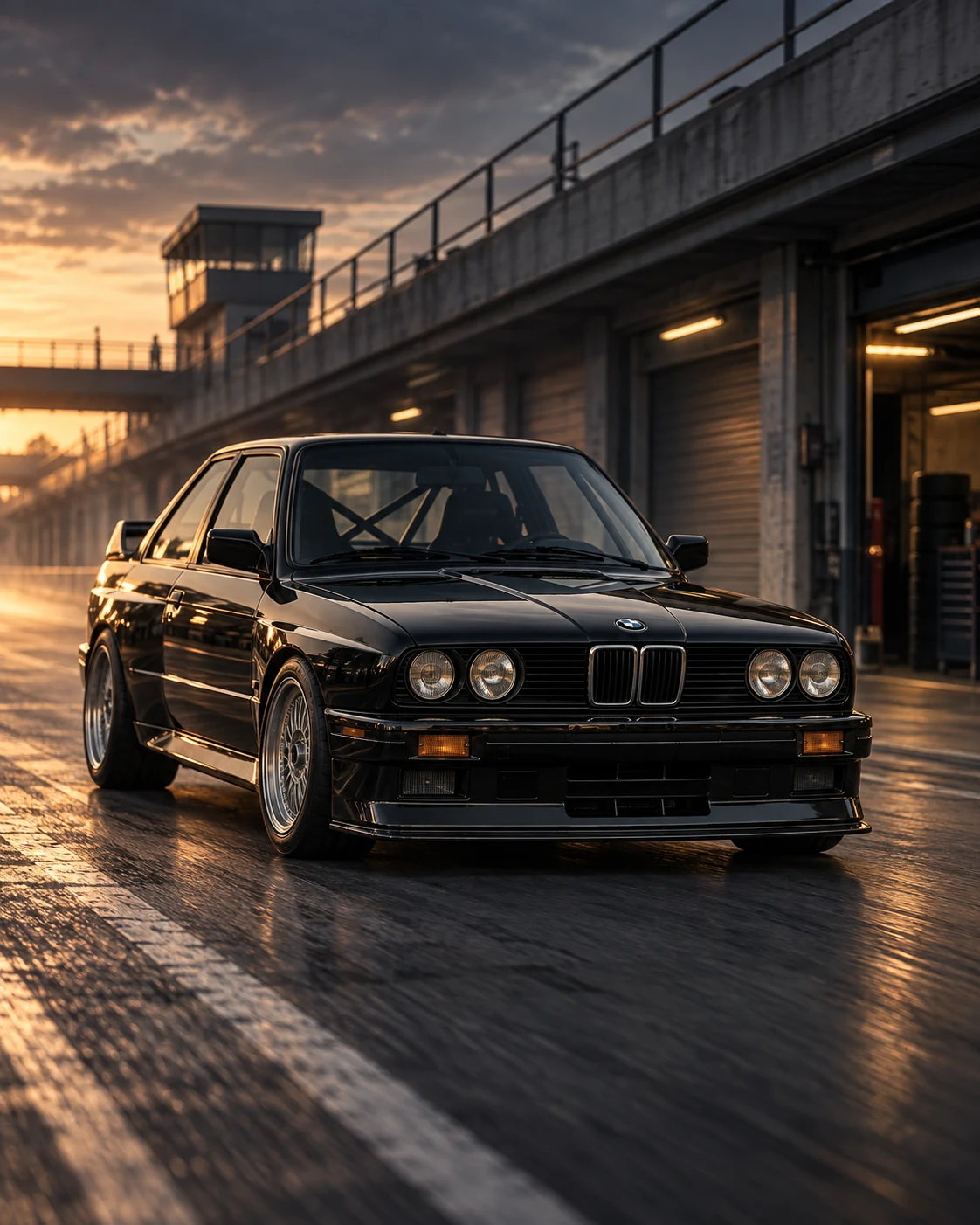 A visual study of a classic black E30 M3 race car in a vintage pit lane at sunset