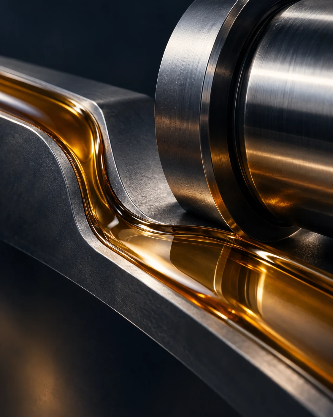 A study of light and texture in amber oil flowing over a curved metal surface