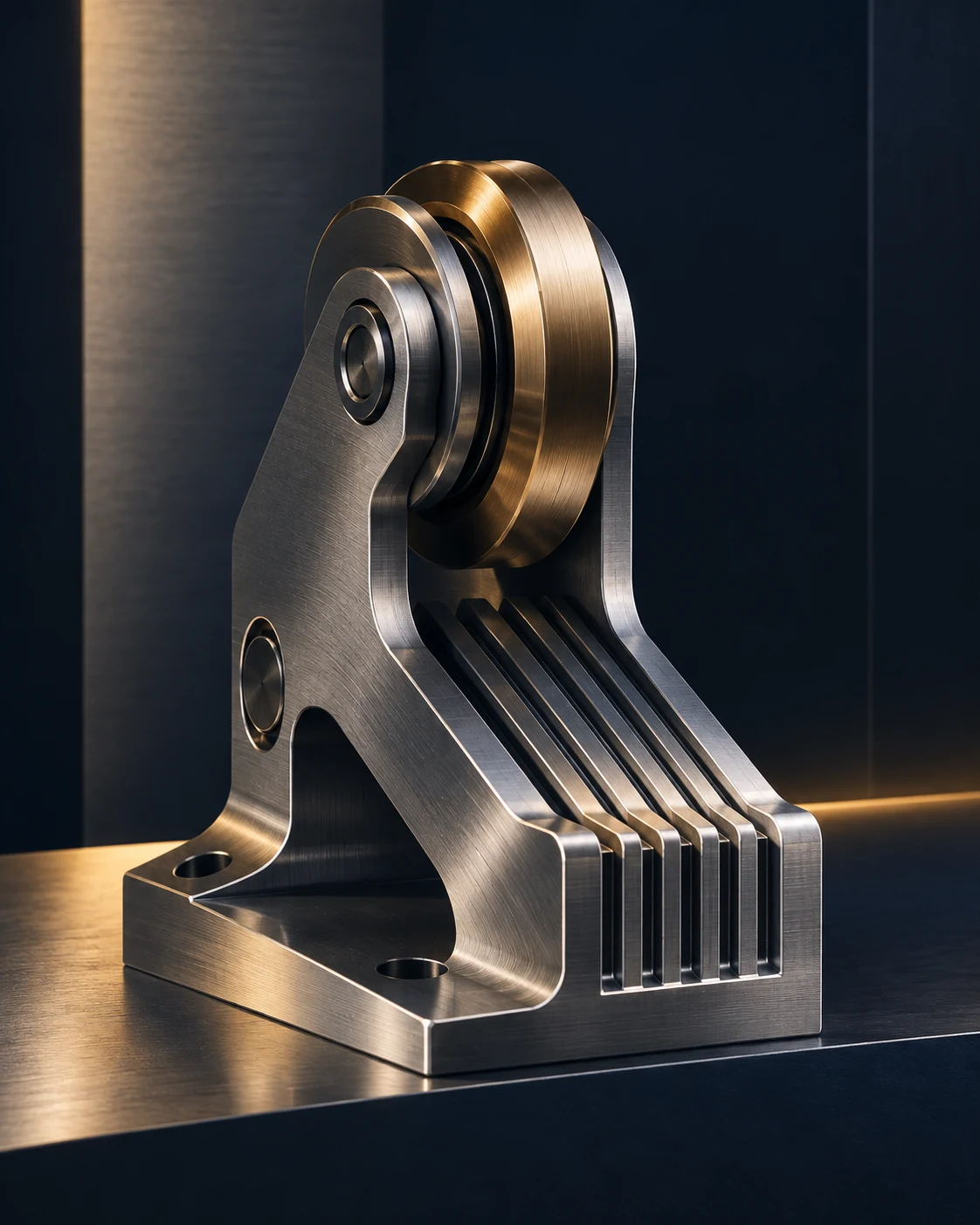 A design study of brushed steel and brass mechanical forms against a navy background