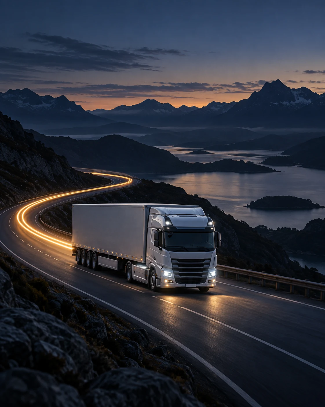 A silver truck on a winding mountain coast road at blue hour, with an amber light trail tracing the bend