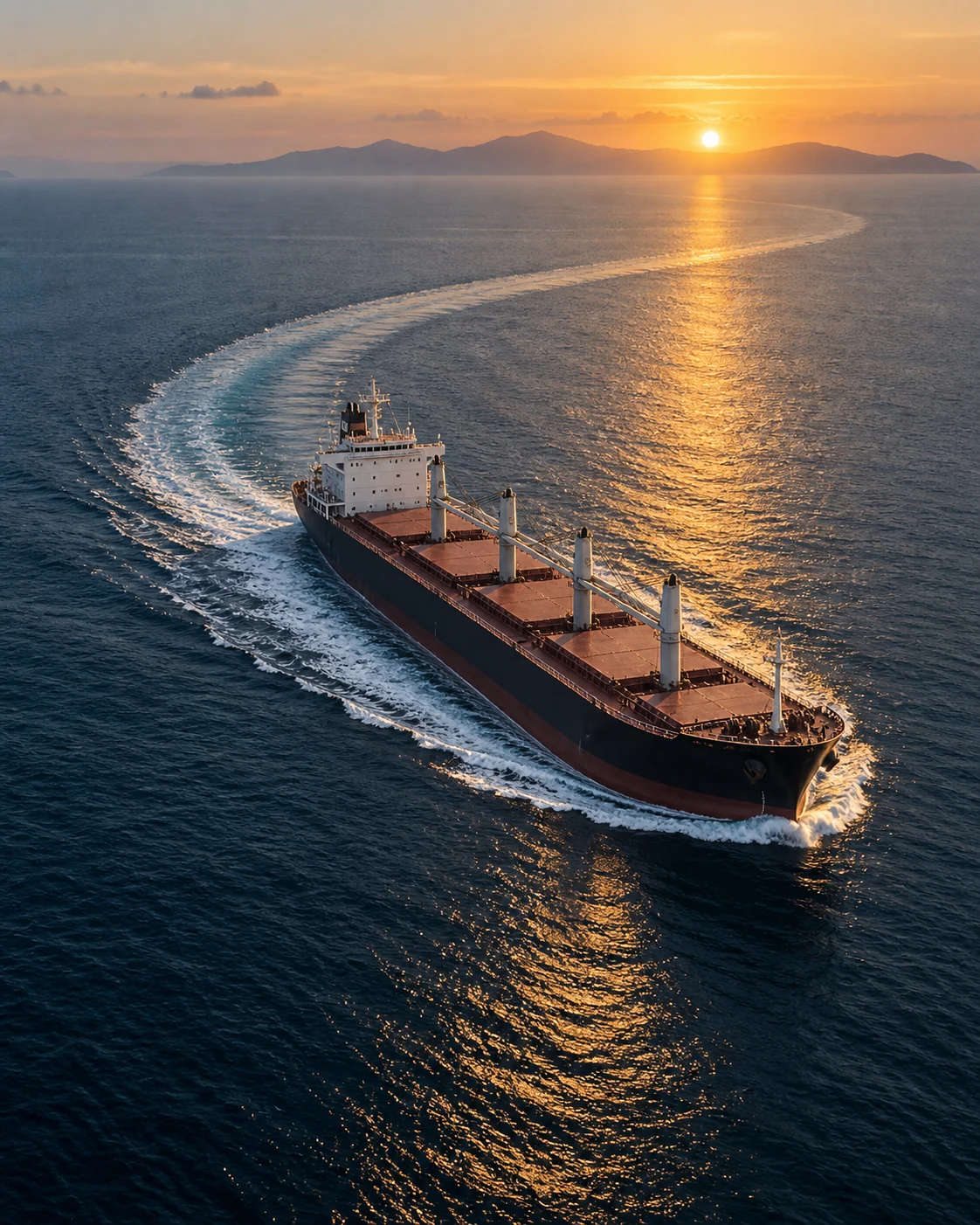 A cargo vessel tracing a broad curve across deep blue water in the dawn light